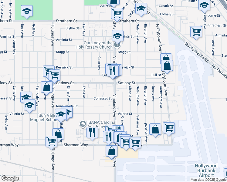 map of restaurants, bars, coffee shops, grocery stores, and more near 7533 Vineland Avenue in Los Angeles