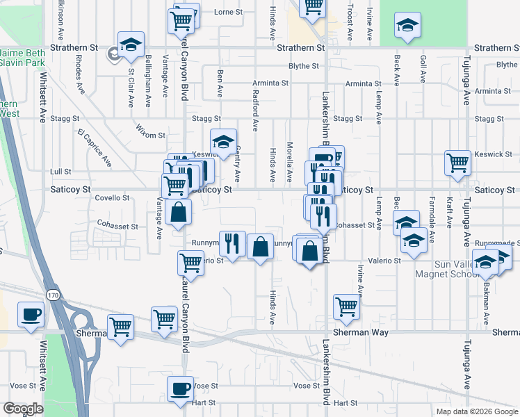 map of restaurants, bars, coffee shops, grocery stores, and more near 7532 Radford Avenue in Los Angeles