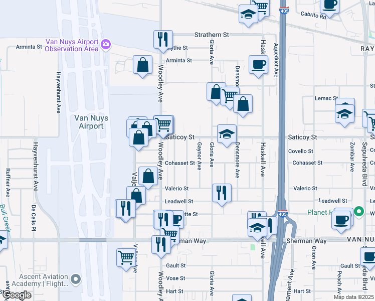map of restaurants, bars, coffee shops, grocery stores, and more near 7525 Gaviota Avenue in Los Angeles