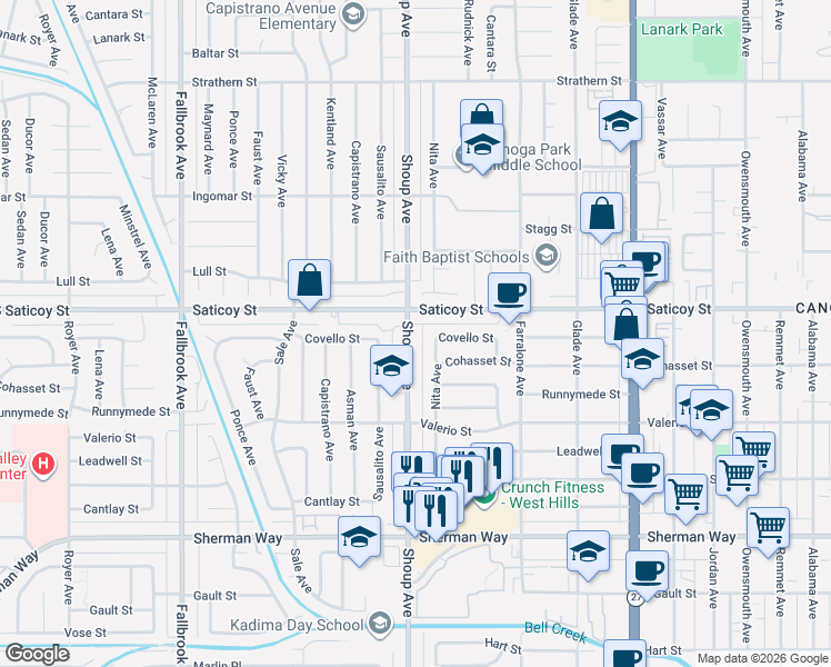 map of restaurants, bars, coffee shops, grocery stores, and more near 7529 Nita Avenue in Los Angeles