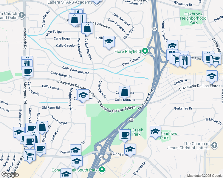 map of restaurants, bars, coffee shops, grocery stores, and more near 1311 Calle Violeta in Thousand Oaks