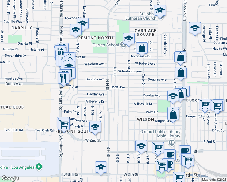 map of restaurants, bars, coffee shops, grocery stores, and more near 515 North G Street in Oxnard