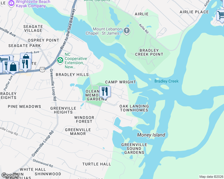 map of restaurants, bars, coffee shops, grocery stores, and more near 119 Old Camp Road in Wilmington