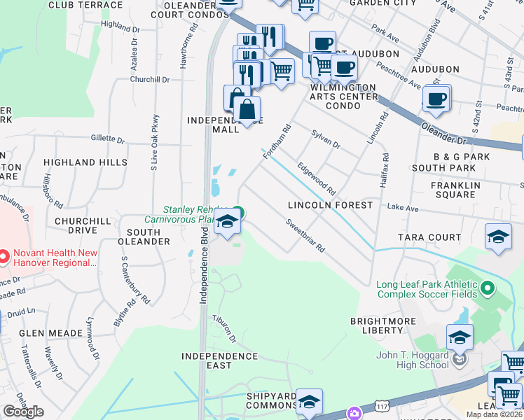 map of restaurants, bars, coffee shops, grocery stores, and more near 3816 Sweetbriar Rd in Wilmington