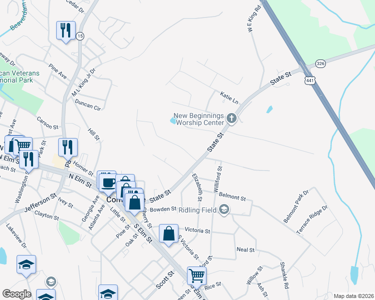 map of restaurants, bars, coffee shops, grocery stores, and more near 109 Baugh Street in Commerce