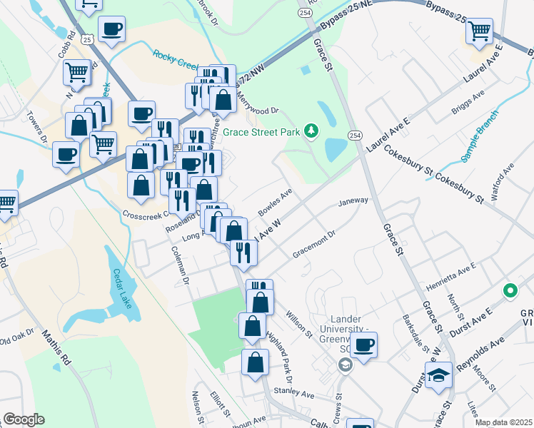 map of restaurants, bars, coffee shops, grocery stores, and more near 217 Bowles Avenue in Greenwood