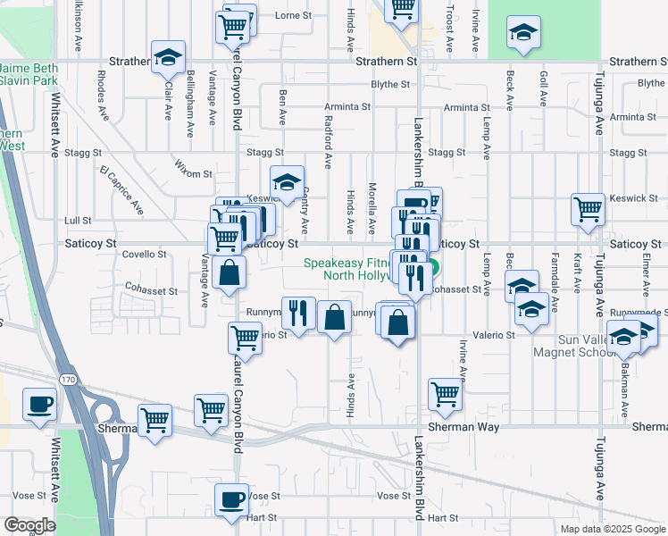 map of restaurants, bars, coffee shops, grocery stores, and more near 7532 Radford Avenue in Los Angeles