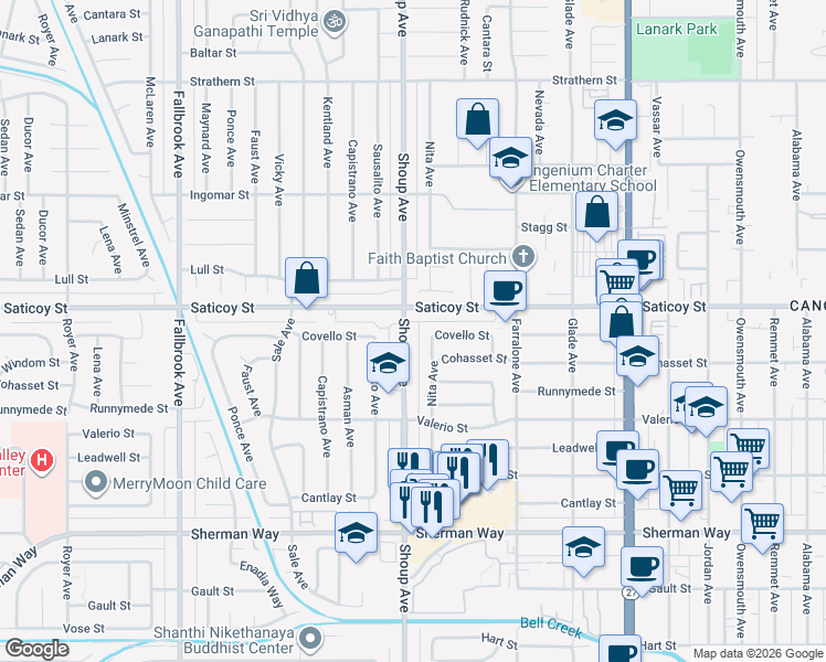 map of restaurants, bars, coffee shops, grocery stores, and more near 7536 Shoup Avenue in Los Angeles