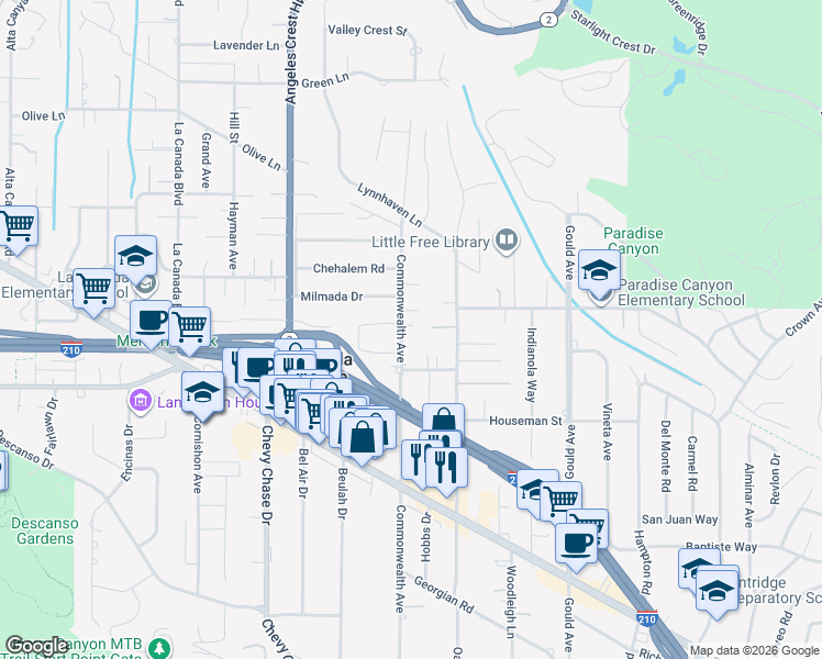 map of restaurants, bars, coffee shops, grocery stores, and more near 4844 Commonwealth Avenue in La Cañada Flintridge