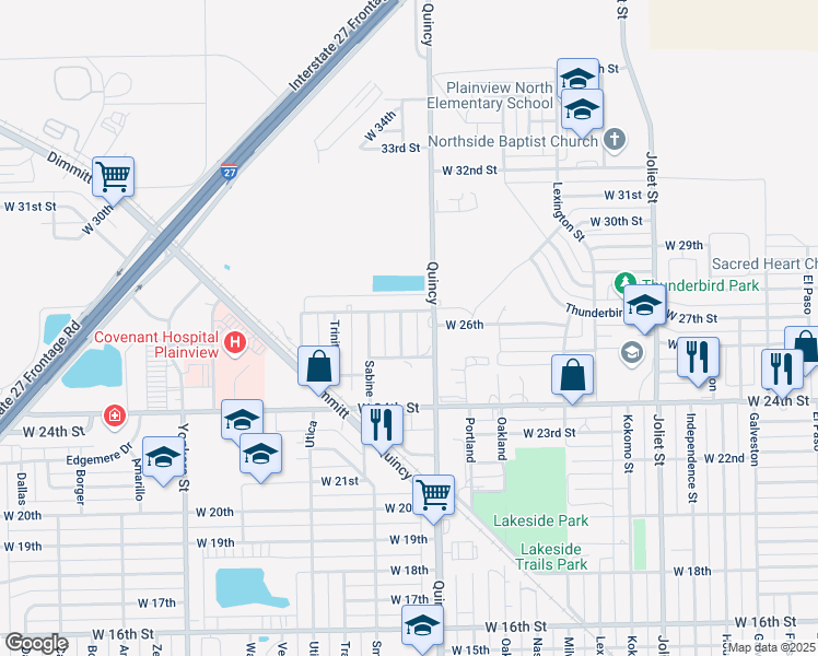 map of restaurants, bars, coffee shops, grocery stores, and more near 2511 Quincy Street in Plainview