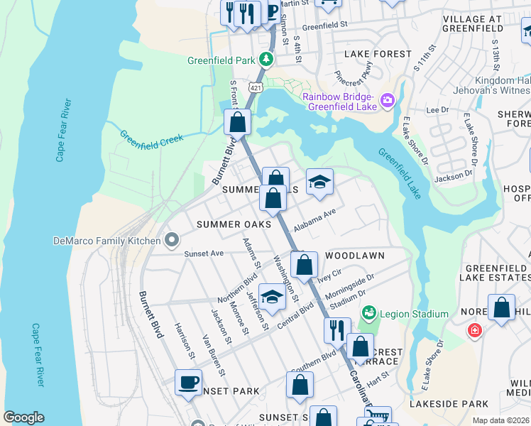 map of restaurants, bars, coffee shops, grocery stores, and more near 1915 Washington Street in Wilmington