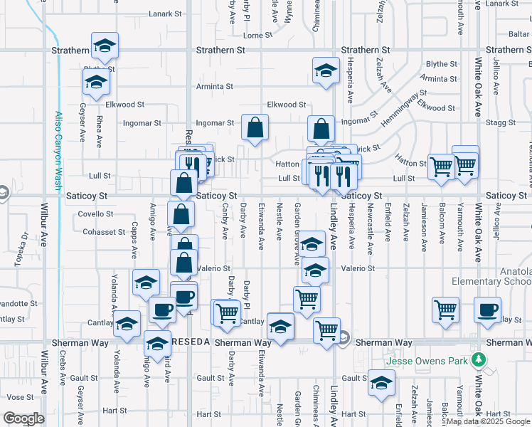 map of restaurants, bars, coffee shops, grocery stores, and more near 7536 Etiwanda Avenue in Los Angeles