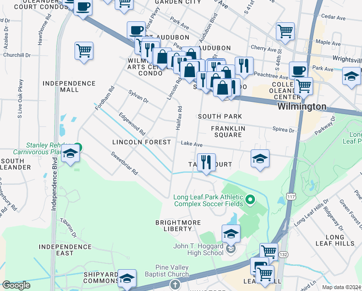map of restaurants, bars, coffee shops, grocery stores, and more near 4005 Halifax Road in Wilmington