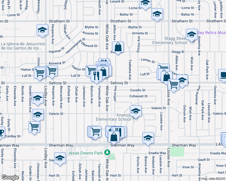 map of restaurants, bars, coffee shops, grocery stores, and more near 7525 Jellico Avenue in Los Angeles