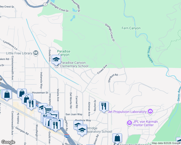 map of restaurants, bars, coffee shops, grocery stores, and more near 320 Noren Street in La Cañada Flintridge