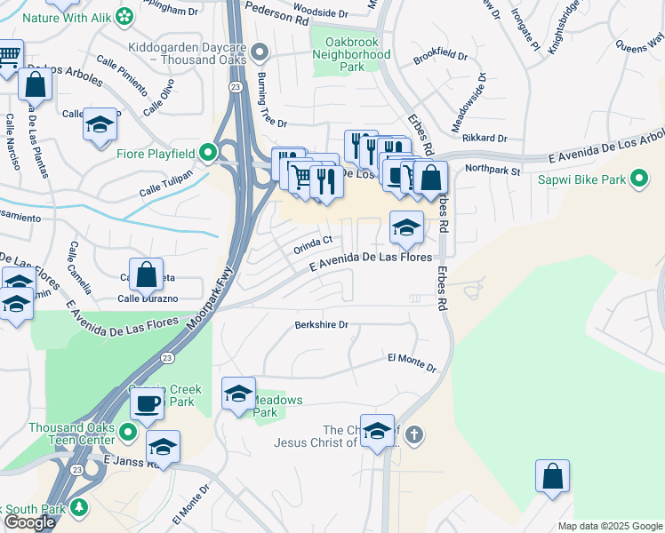 map of restaurants, bars, coffee shops, grocery stores, and more near 1802 East Avenida De Las Flores in Thousand Oaks