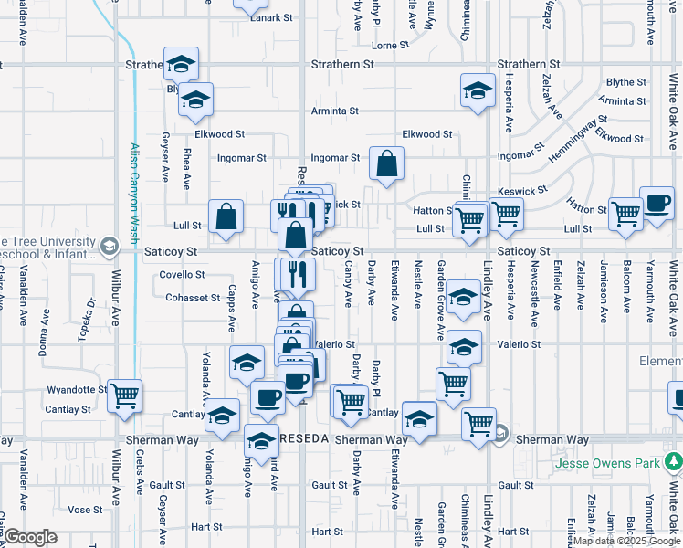 map of restaurants, bars, coffee shops, grocery stores, and more near 7531 Canby Avenue in Los Angeles