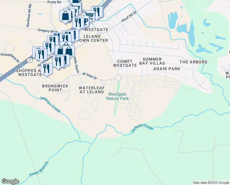 map of restaurants, bars, coffee shops, grocery stores, and more near 1167 Shellbank Lane in Leland