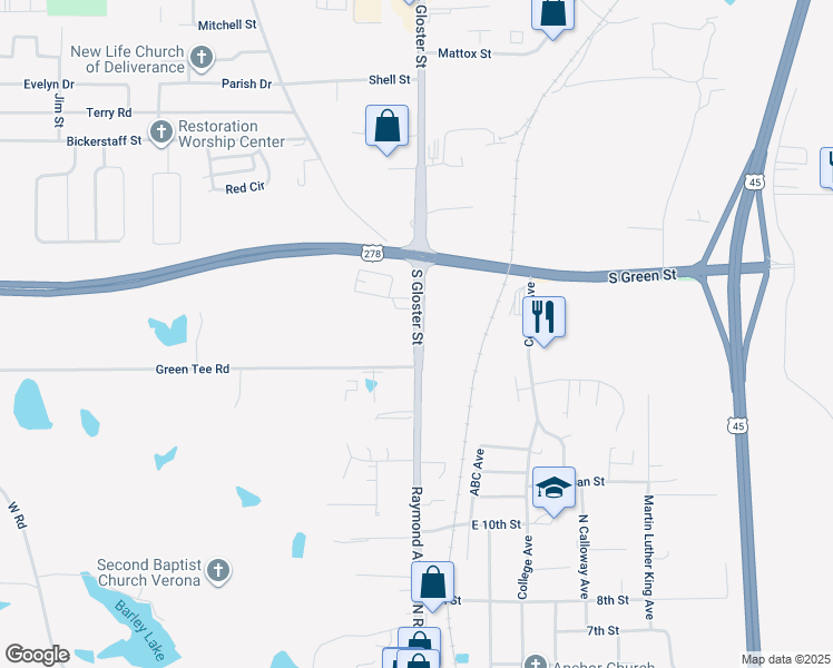 map of restaurants, bars, coffee shops, grocery stores, and more near 2520 South Gloster Street in Tupelo