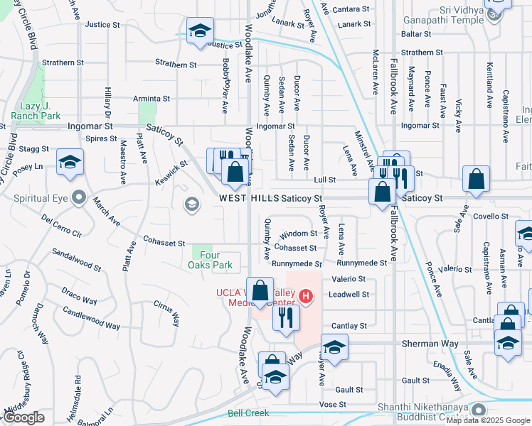 map of restaurants, bars, coffee shops, grocery stores, and more near 7551 Quimby Avenue in Los Angeles