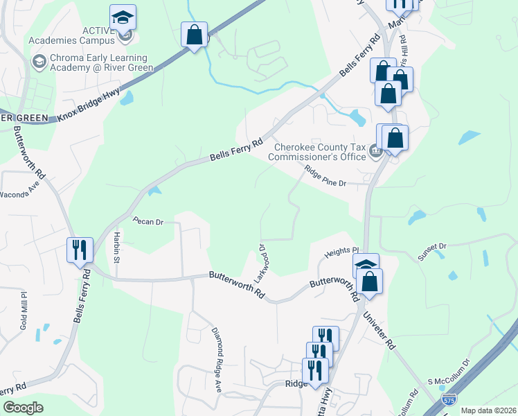 map of restaurants, bars, coffee shops, grocery stores, and more near 1551 Larkwood Drive in Canton