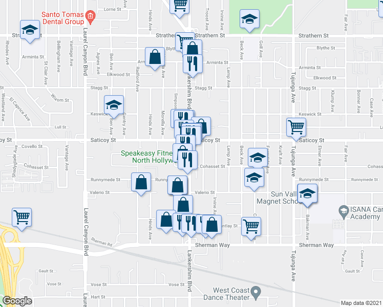 map of restaurants, bars, coffee shops, grocery stores, and more near 7532 Lankershim Boulevard in Los Angeles