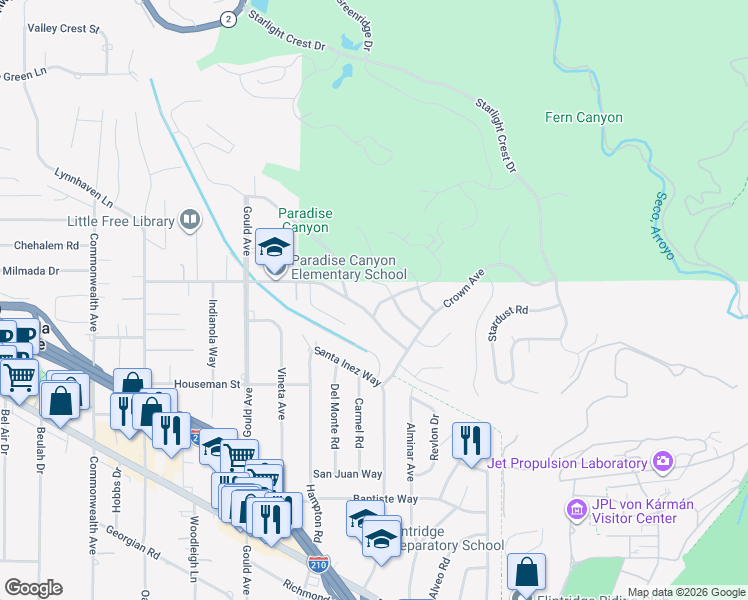 map of restaurants, bars, coffee shops, grocery stores, and more near 5015 Redwillow Lane in La Cañada Flintridge