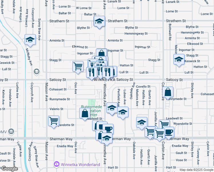 map of restaurants, bars, coffee shops, grocery stores, and more near 7554 Winnetka Avenue in Los Angeles