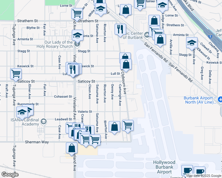map of restaurants, bars, coffee shops, grocery stores, and more near 7529 Denny Avenue in Los Angeles