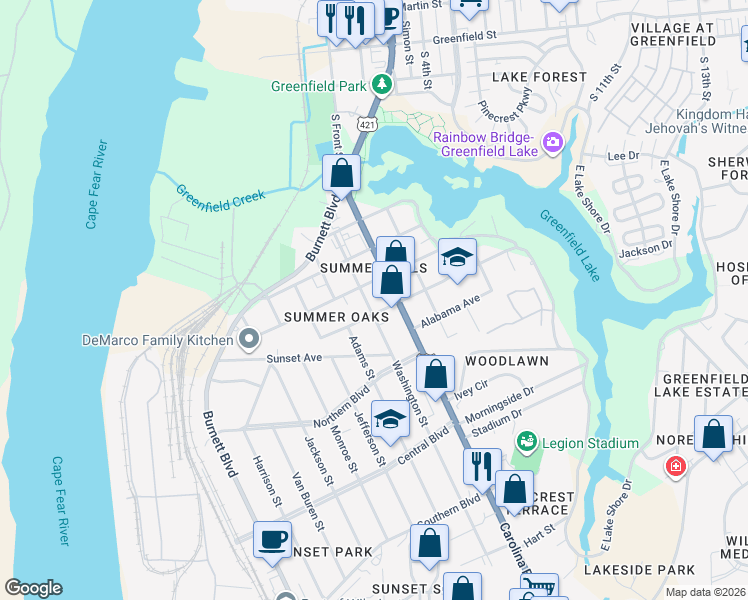 map of restaurants, bars, coffee shops, grocery stores, and more near 1915 Washington Street in Wilmington