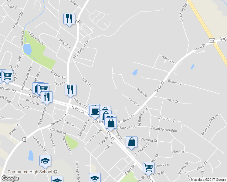 map of restaurants, bars, coffee shops, grocery stores, and more near 136 Wesley Way in Commerce