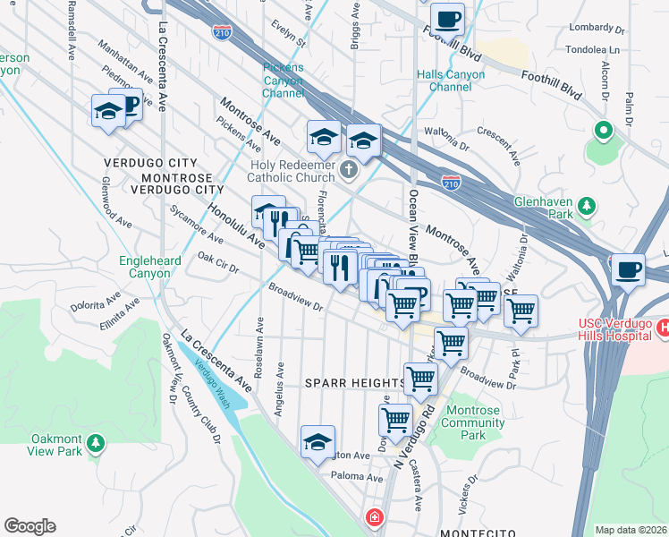 map of restaurants, bars, coffee shops, grocery stores, and more near 3820 Orangedale Avenue in La Crescenta-Montrose