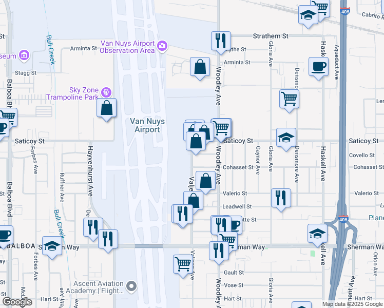 map of restaurants, bars, coffee shops, grocery stores, and more near 7535 Valjean Avenue in Los Angeles