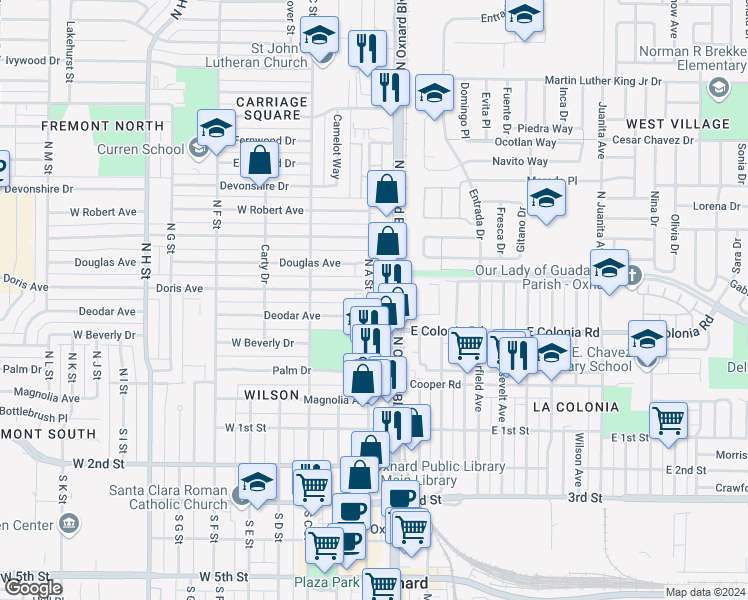 map of restaurants, bars, coffee shops, grocery stores, and more near 2 A Street in Oxnard