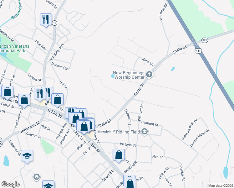 map of restaurants, bars, coffee shops, grocery stores, and more near 109 Baugh Street in Commerce