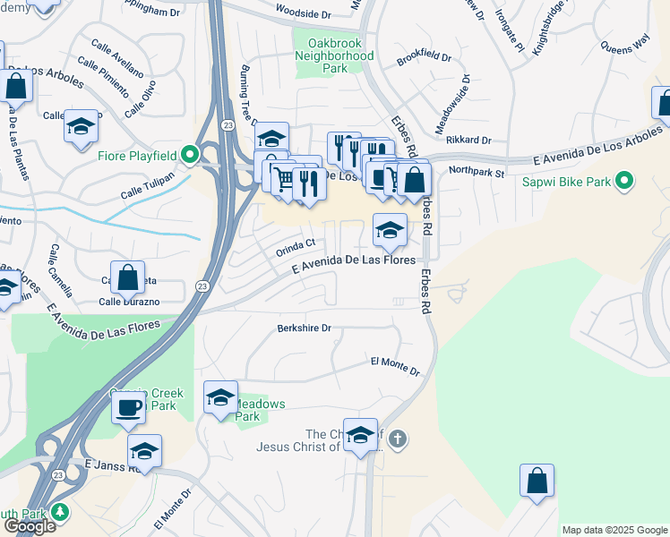 map of restaurants, bars, coffee shops, grocery stores, and more near 1832 East Avenida De Las Flores in Thousand Oaks