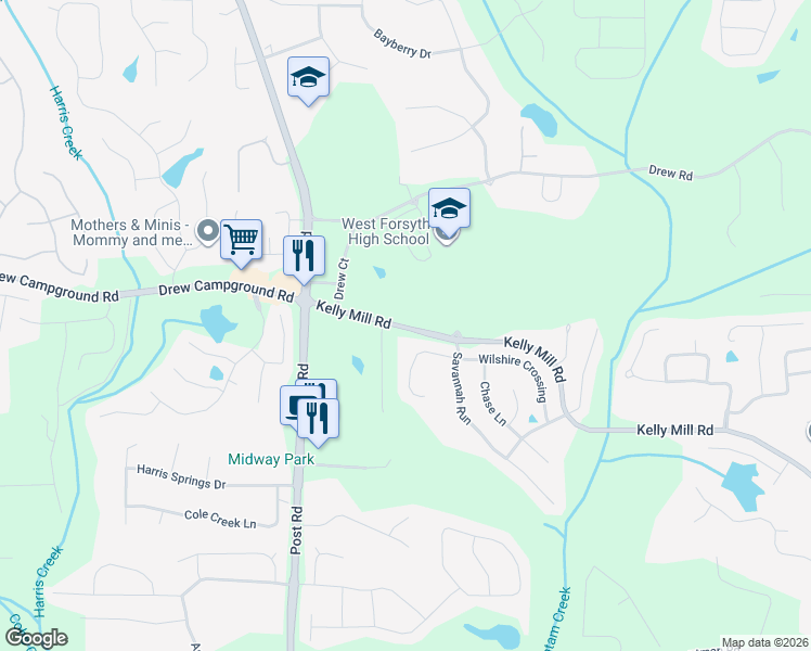 map of restaurants, bars, coffee shops, grocery stores, and more near 4990 Kelly Mill Road in Cumming
