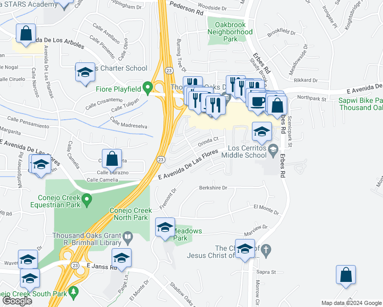 map of restaurants, bars, coffee shops, grocery stores, and more near 1722 Orinda Court in Thousand Oaks