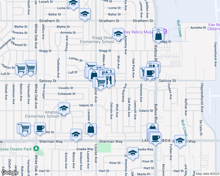 map of restaurants, bars, coffee shops, grocery stores, and more near 17216 Saticoy Street in Los Angeles