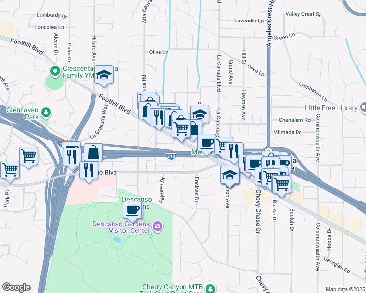 map of restaurants, bars, coffee shops, grocery stores, and more near 346 Lasheart Drive in La Cañada Flintridge