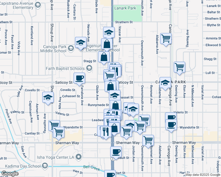 map of restaurants, bars, coffee shops, grocery stores, and more near 7560 Topanga Canyon Boulevard in Los Angeles