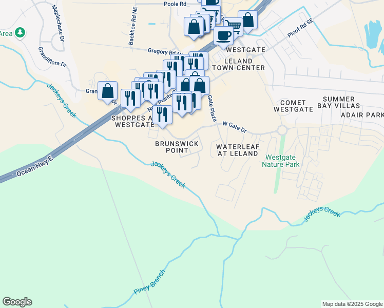 map of restaurants, bars, coffee shops, grocery stores, and more near Maple Tree Drive in Leland