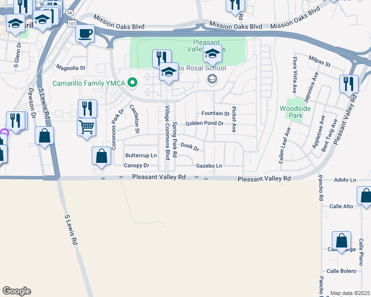 map of restaurants, bars, coffee shops, grocery stores, and more near 3508 Dusk Drive in Camarillo