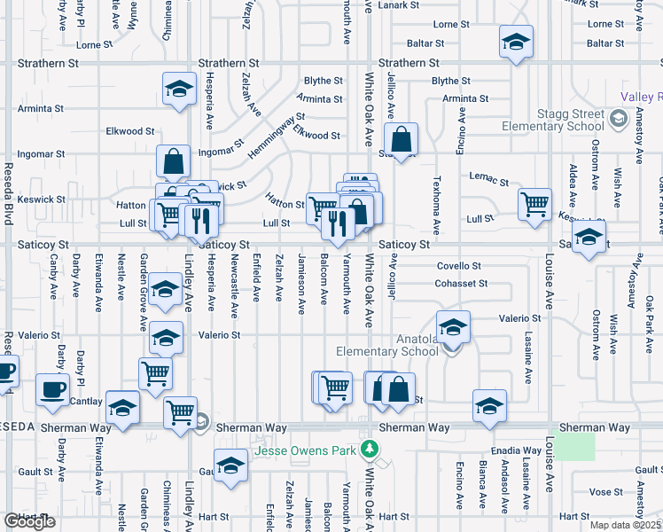 map of restaurants, bars, coffee shops, grocery stores, and more near 7534 Balcom Avenue in Los Angeles