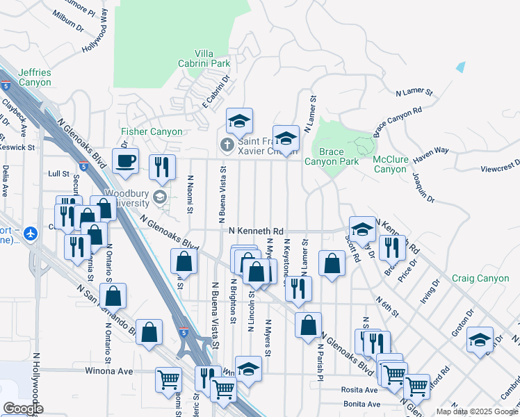 map of restaurants, bars, coffee shops, grocery stores, and more near 2838 N Lincoln St in Burbank