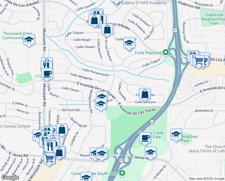 map of restaurants, bars, coffee shops, grocery stores, and more near 2220 Avenida De Las Plantas in Thousand Oaks