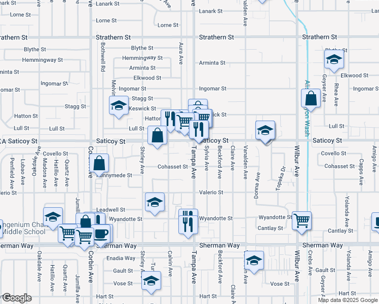 map of restaurants, bars, coffee shops, grocery stores, and more near 7535 Tampa Avenue in Los Angeles
