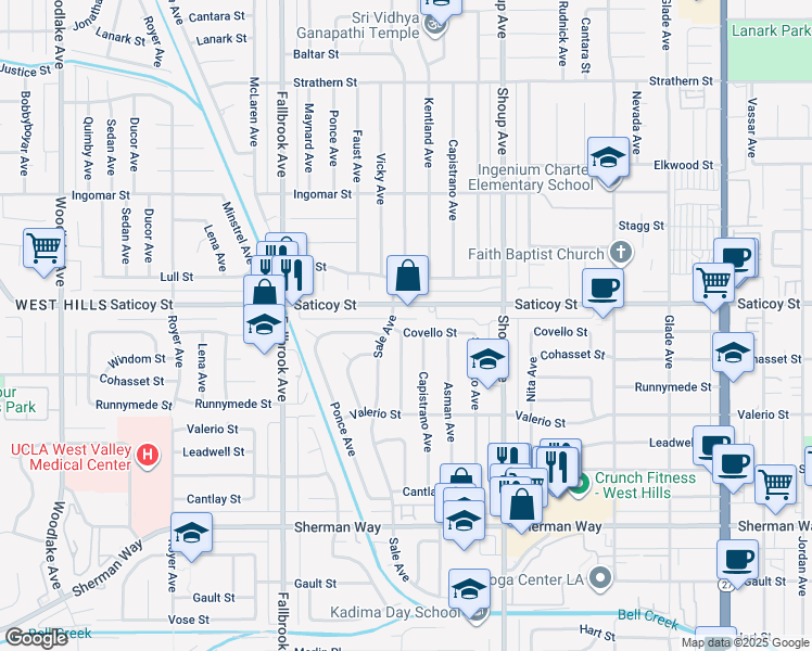 map of restaurants, bars, coffee shops, grocery stores, and more near 22545 Covello Street in Los Angeles