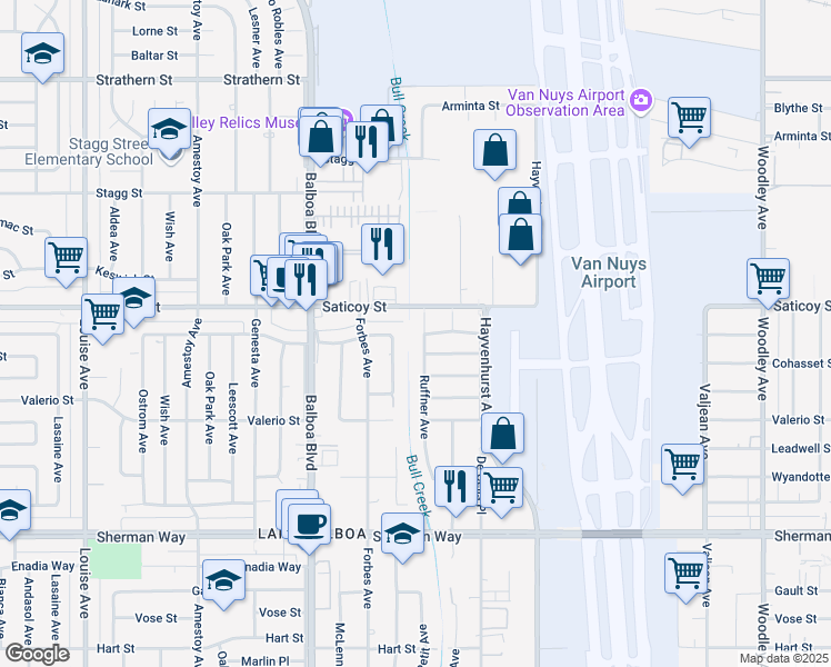 map of restaurants, bars, coffee shops, grocery stores, and more near 7535 Ruffner Avenue in Los Angeles