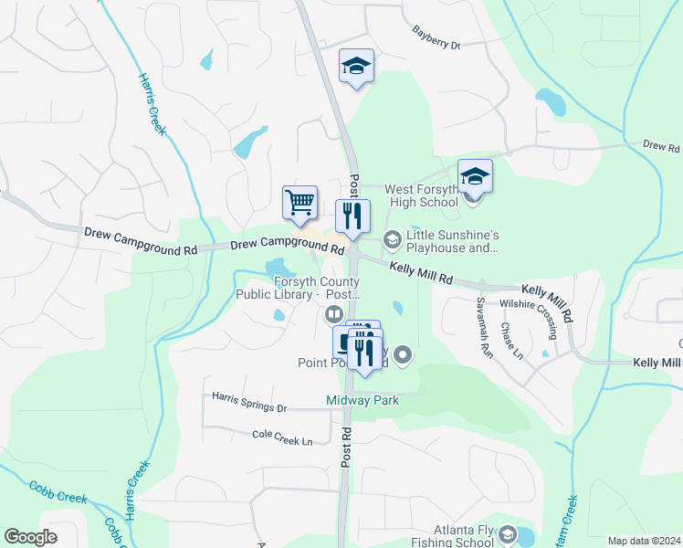 map of restaurants, bars, coffee shops, grocery stores, and more near 3670 Moor Pointe Drive in Cumming